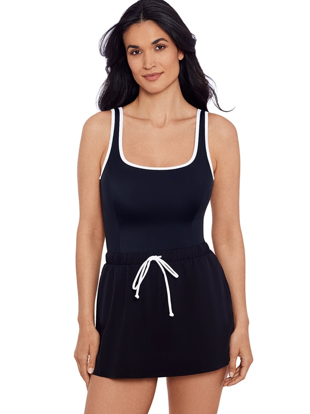 Classic Black One-Piece Swimdress with White Trim, Long Torso